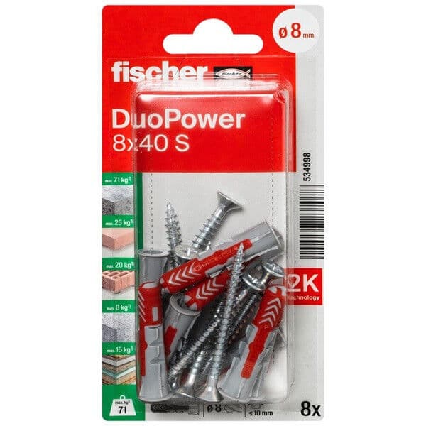 Fischer DuoPower Universele Plug 8 x 40 met bolkopschroef 8 stuks